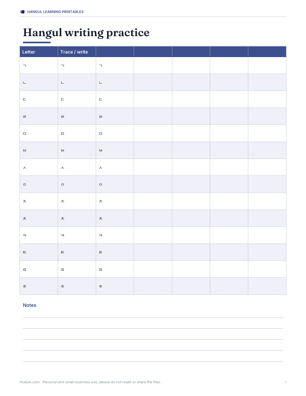 Preview of Printable Hangul Writing Practice Chart